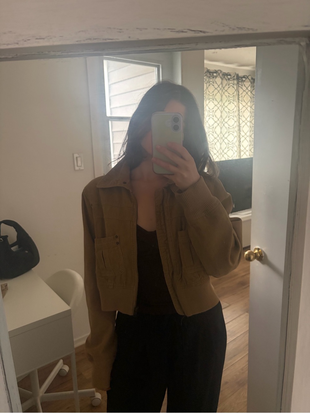Cropped Tan Corduroy Bomber Jacket - Women